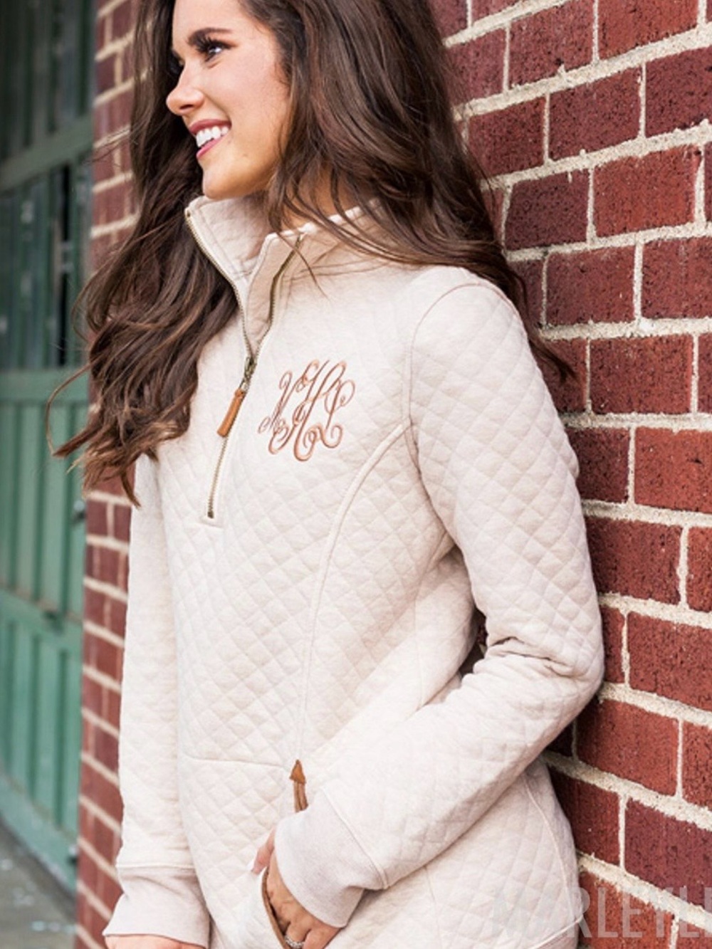 MarleyLilly Monogrammed Quilted Pullover Sweatshirt // Beige // XXL